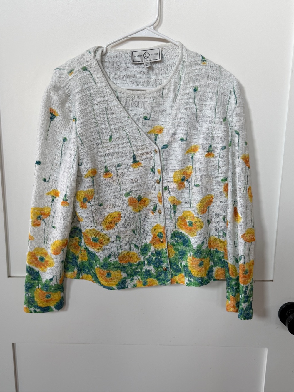 St. John Sport White Floral Knit Cardigan Set - Yellow Green Bloom